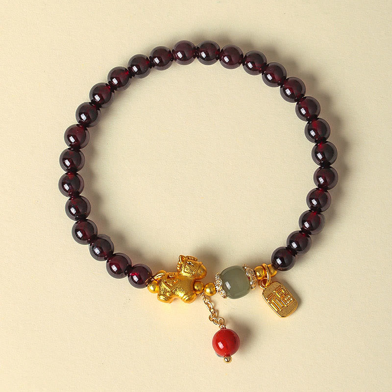 Handmade Garnet South Red Agate & Hetian Jade Horse Fu Character Beaded Bracelet