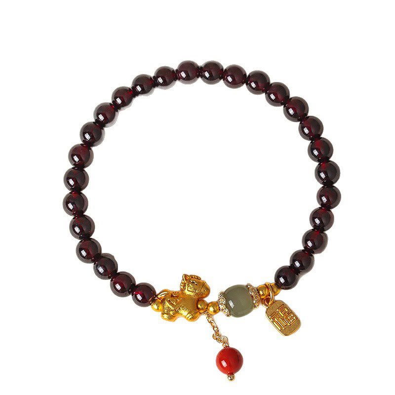 Handmade Garnet South Red Agate & Hetian Jade Horse Fu Character Beaded Bracelet