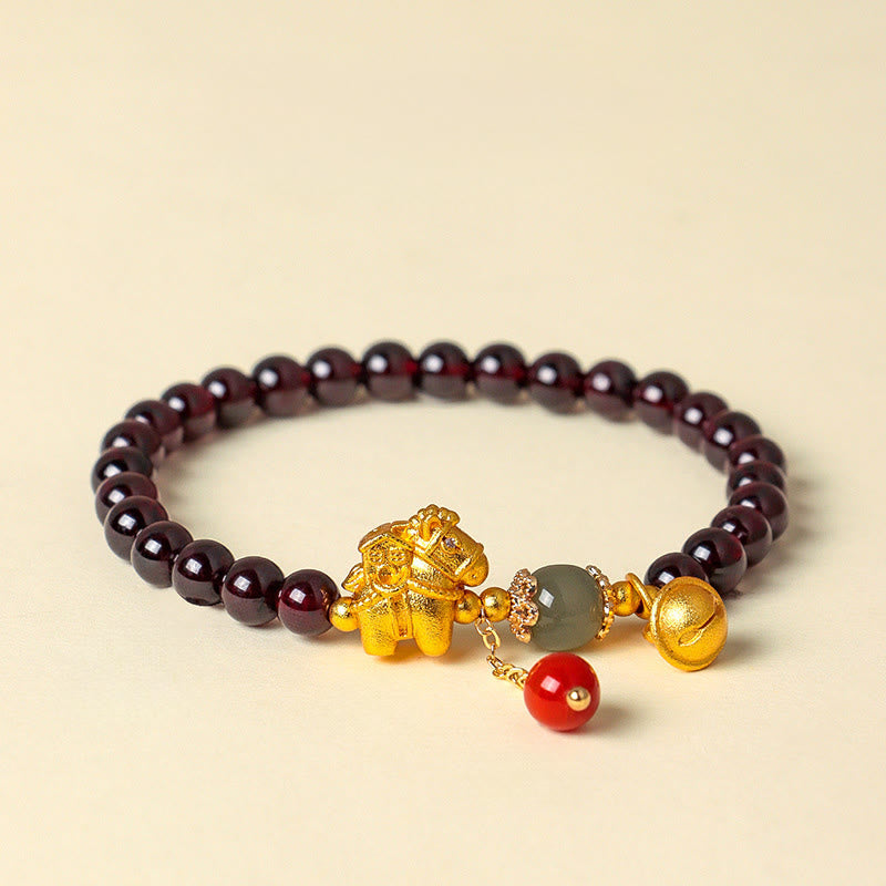 Handmade Garnet South Red Agate & Hetian Jade Horse Fu Character Beaded Bracelet