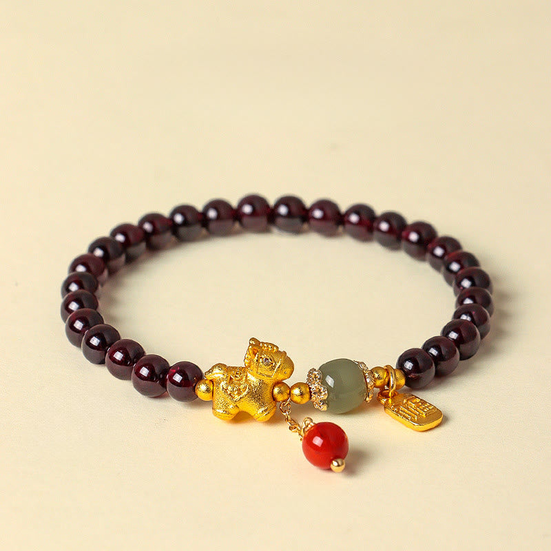Handmade Garnet South Red Agate & Hetian Jade Horse Fu Character Beaded Bracelet