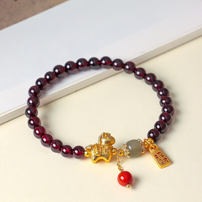Handmade Garnet South Red Agate & Hetian Jade Horse Fu Character Beaded Bracelet
