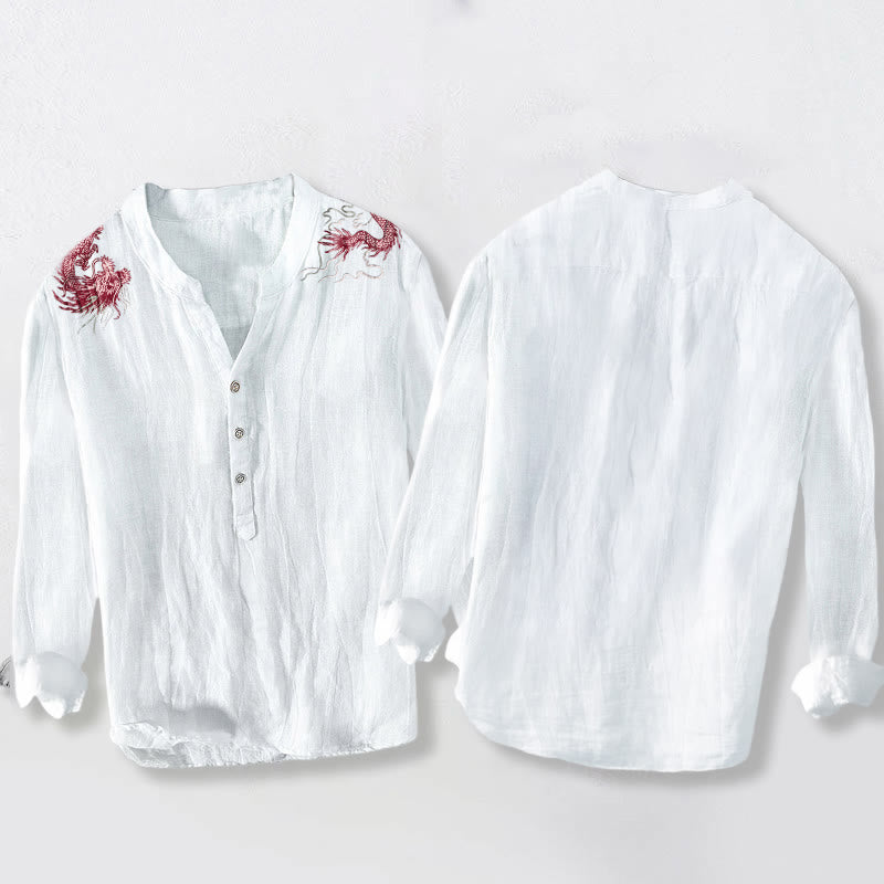 Cotton Linen Stand Collar Dragon Motif Men's Mindful Shirt