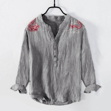 Cotton Linen Stand Collar Dragon Motif Men's Mindful Shirt