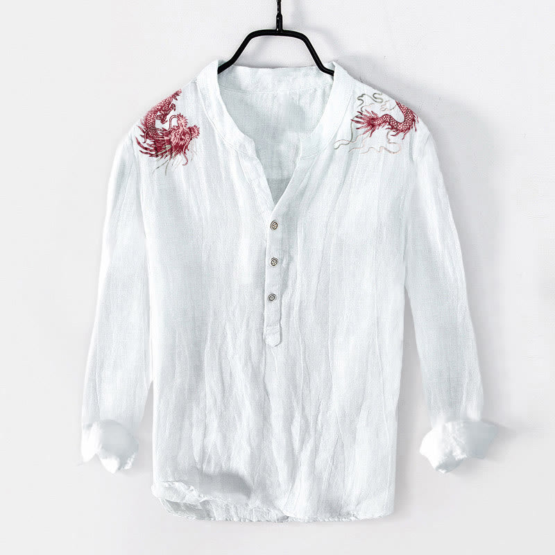 Cotton Linen Stand Collar Dragon Motif Men's Mindful Shirt