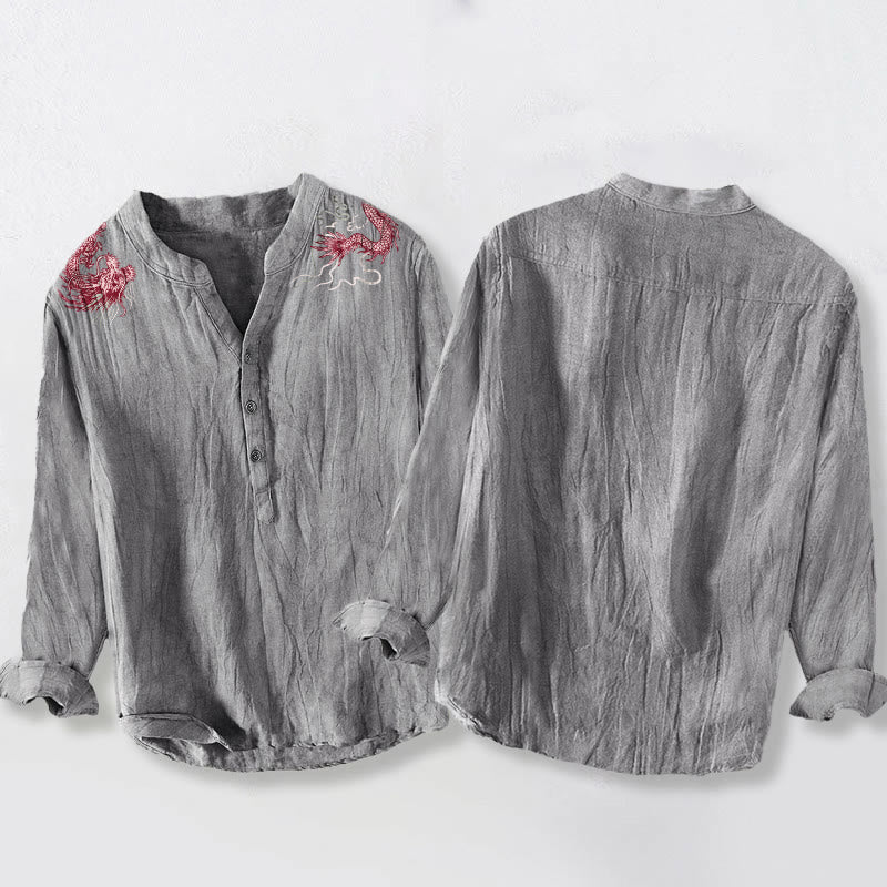 Cotton Linen Stand Collar Dragon Motif Men's Mindful Shirt