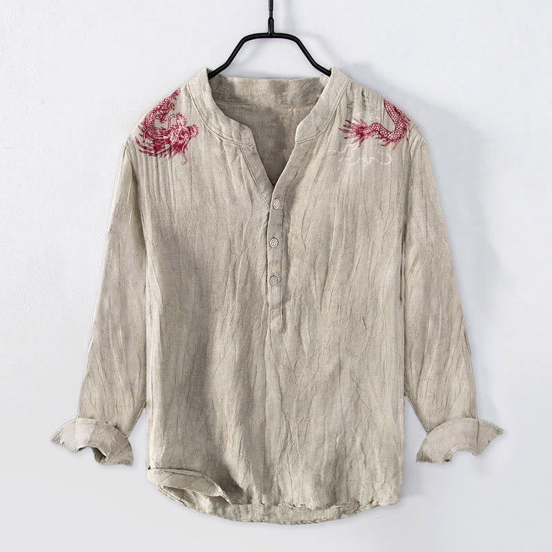 Cotton Linen Stand Collar Dragon Motif Men's Mindful Shirt