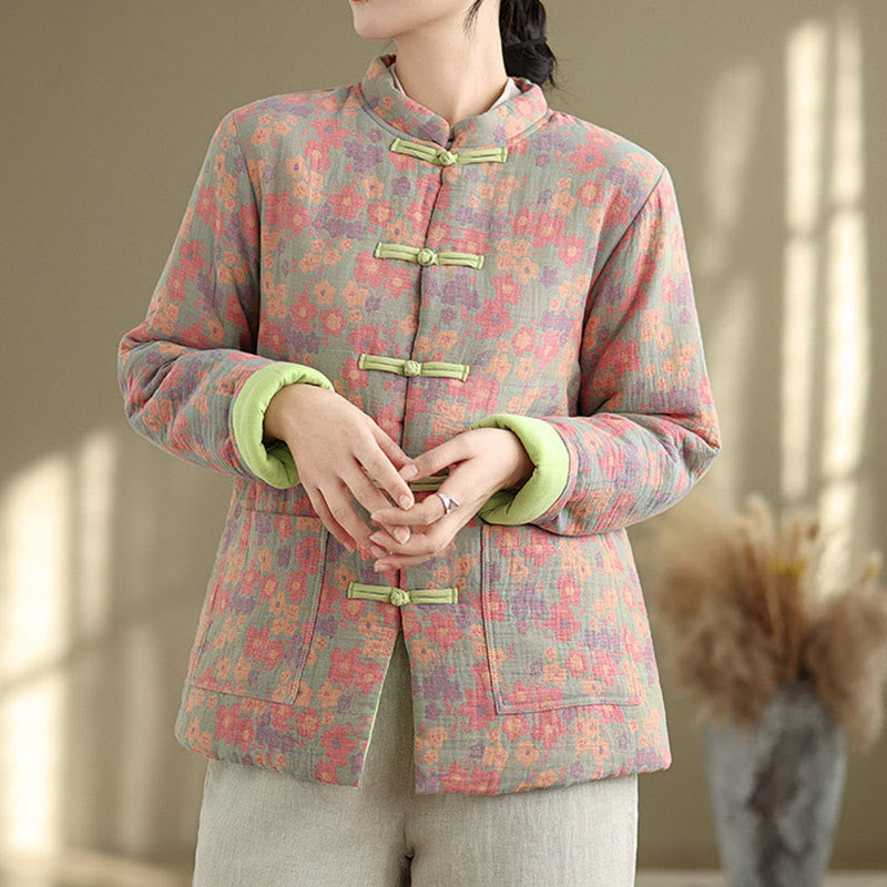 Thick Cotton-Blend Floral Pattern Grounding Winter Jacket