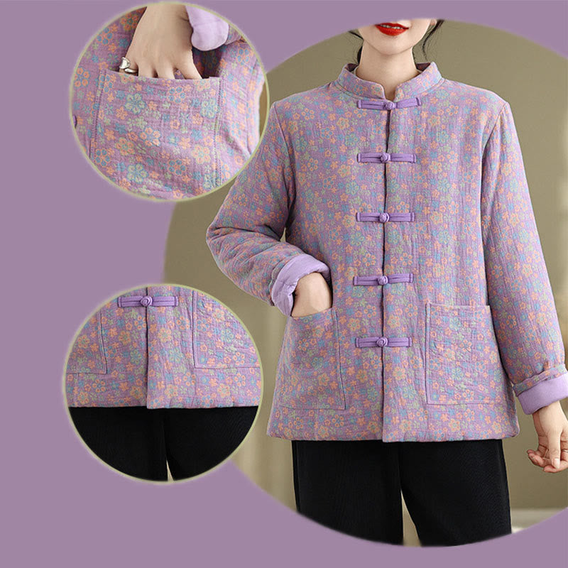Thick Cotton-Blend Floral Pattern Grounding Winter Jacket
