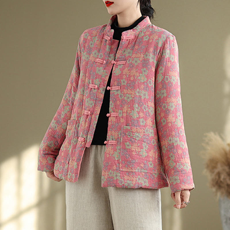Thick Cotton-Blend Floral Pattern Grounding Winter Jacket