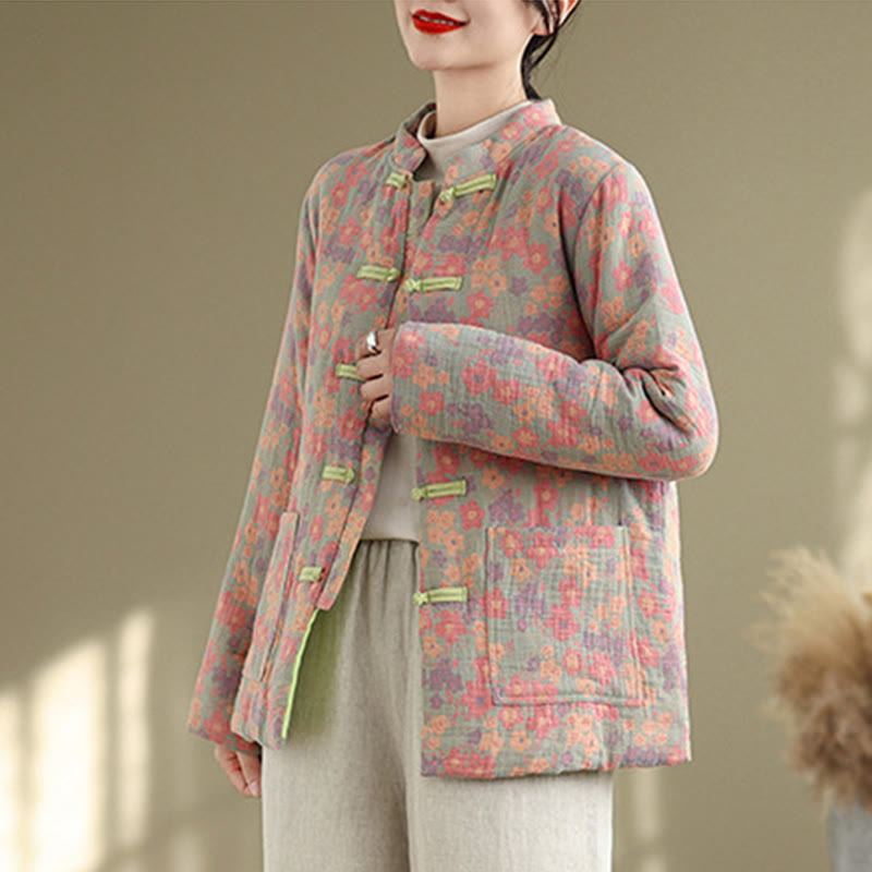 Thick Cotton-Blend Floral Pattern Grounding Winter Jacket