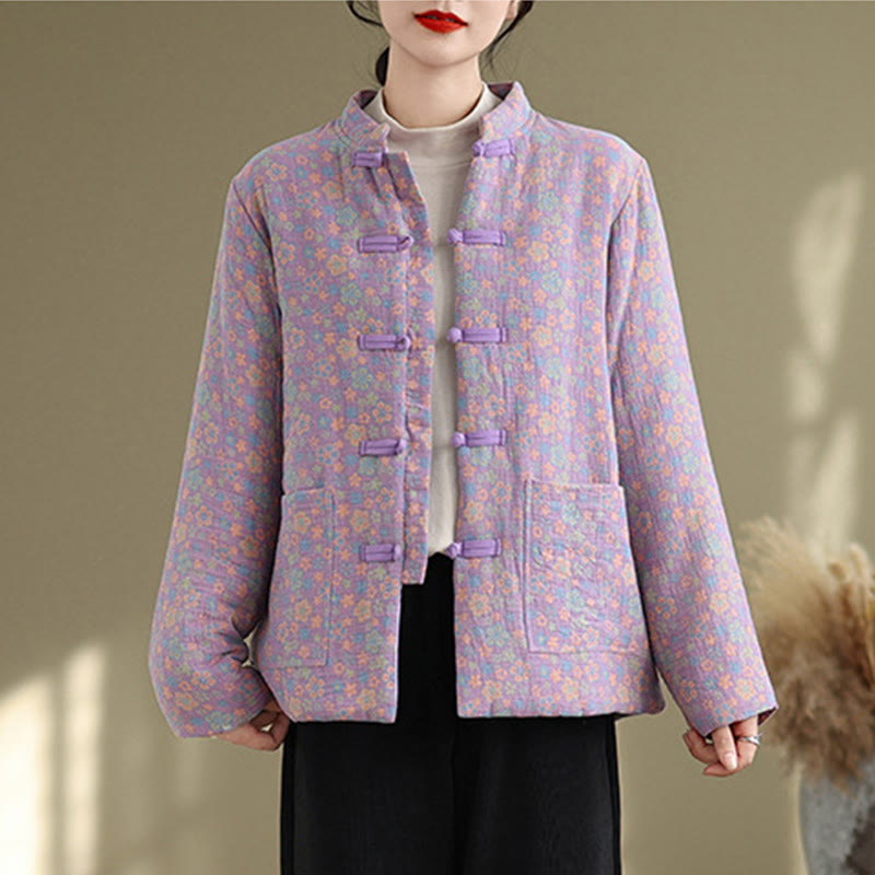 Thick Cotton-Blend Floral Pattern Grounding Winter Jacket