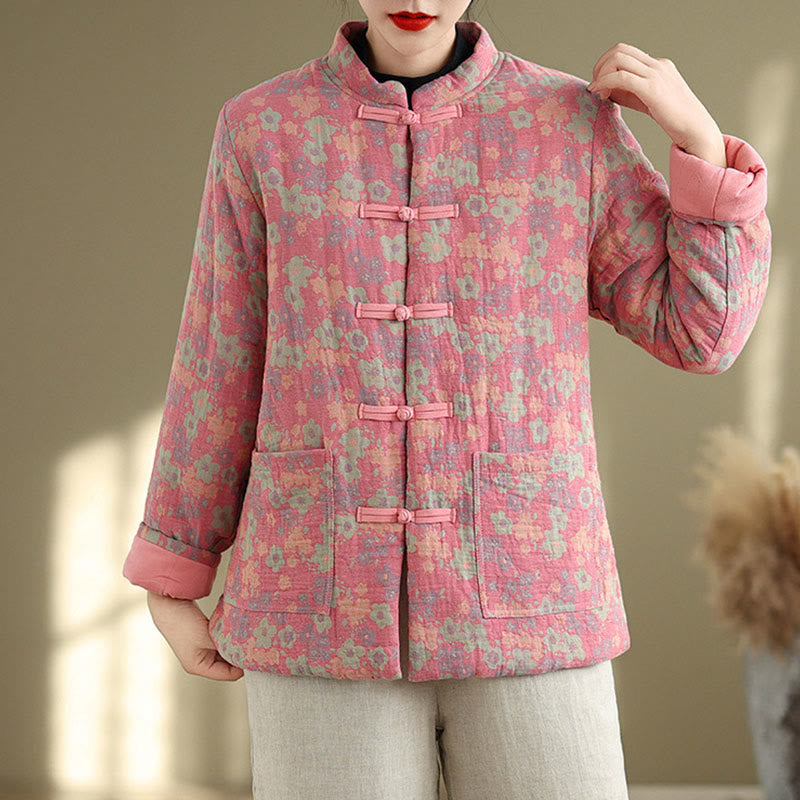 Thick Cotton-Blend Floral Pattern Grounding Winter Jacket