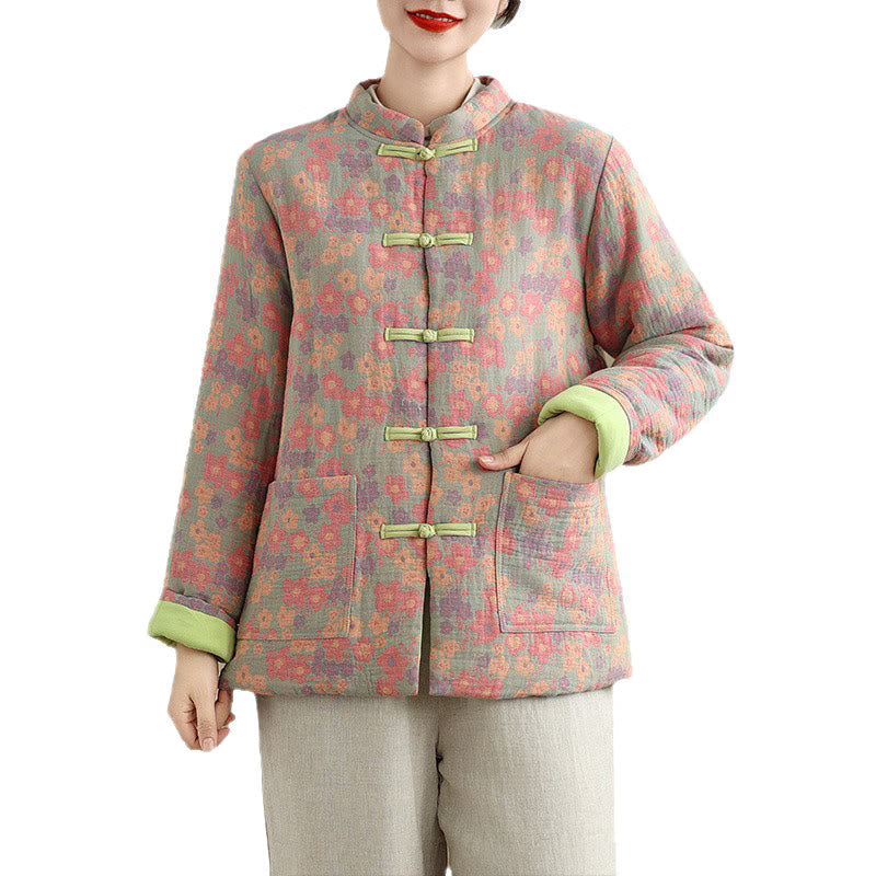 Thick Cotton-Blend Floral Pattern Grounding Winter Jacket