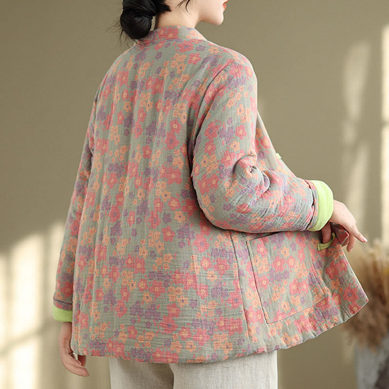 Thick Cotton-Blend Floral Pattern Grounding Winter Jacket