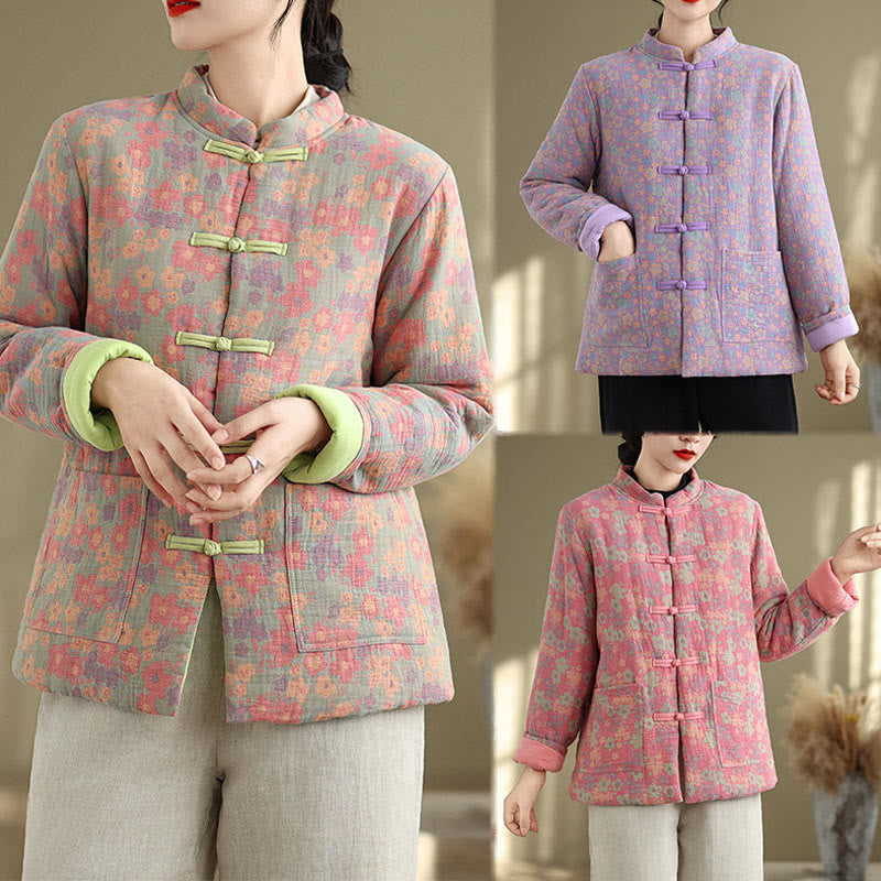 Thick Cotton-Blend Floral Pattern Grounding Winter Jacket
