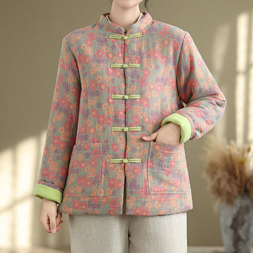 Thick Cotton-Blend Floral Pattern Grounding Winter Jacket