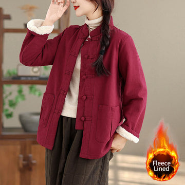 Women's Plain Cotton-padded Buttons Design Long Sleeve Thermal Jacket With Pockets