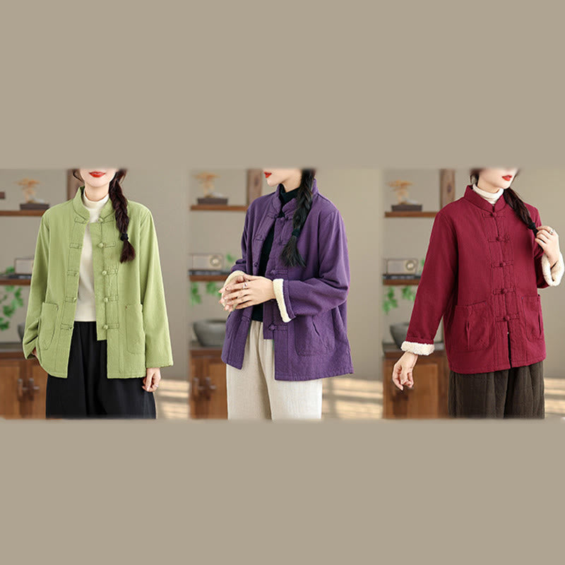Women's Plain Cotton-padded Buttons Design Long Sleeve Thermal Jacket With Pockets