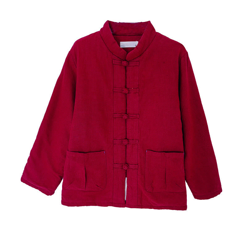 Women's Plain Cotton-padded Buttons Design Long Sleeve Thermal Jacket With Pockets