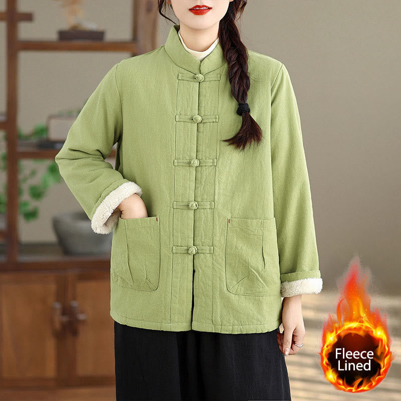 Women's Plain Cotton-padded Buttons Design Long Sleeve Thermal Jacket With Pockets