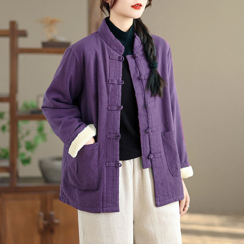 Women's Plain Cotton-padded Buttons Design Long Sleeve Thermal Jacket With Pockets