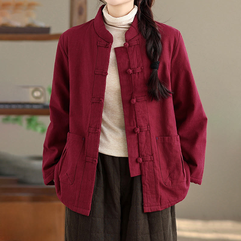 Women's Plain Cotton-padded Buttons Design Long Sleeve Thermal Jacket With Pockets