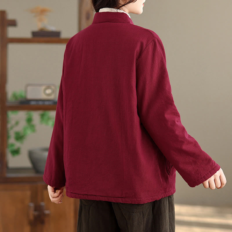 Women's Plain Cotton-padded Buttons Design Long Sleeve Thermal Jacket With Pockets