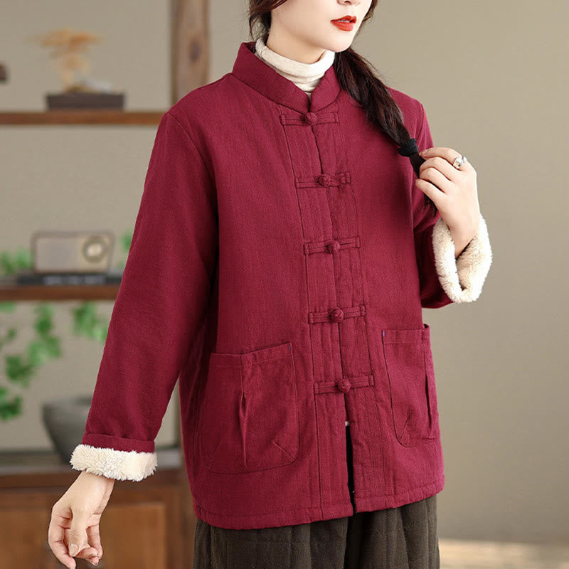 Women's Plain Cotton-padded Buttons Design Long Sleeve Thermal Jacket With Pockets