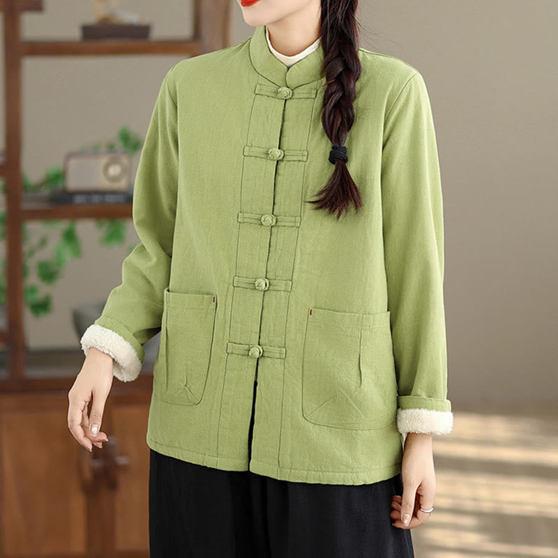 Women's Plain Cotton-padded Buttons Design Long Sleeve Thermal Jacket With Pockets