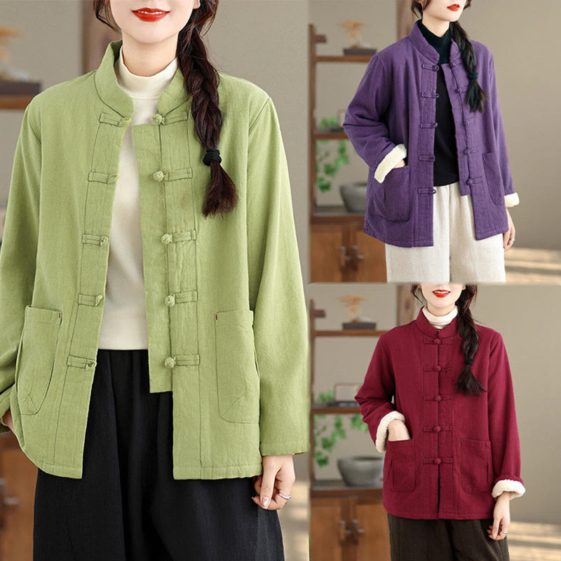 Women's Plain Cotton-padded Buttons Design Long Sleeve Thermal Jacket With Pockets
