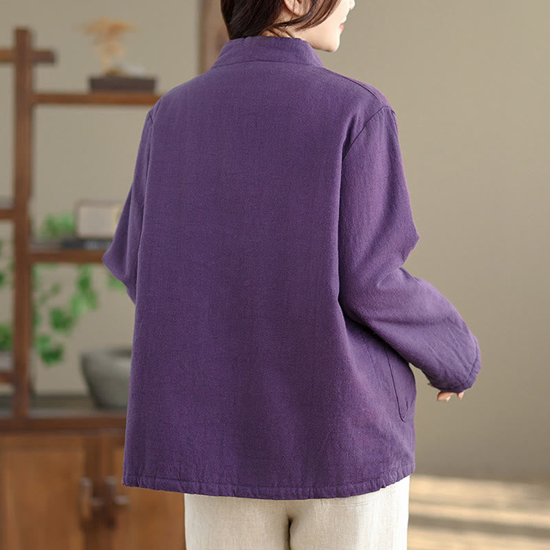 Women's Plain Cotton-padded Buttons Design Long Sleeve Thermal Jacket With Pockets