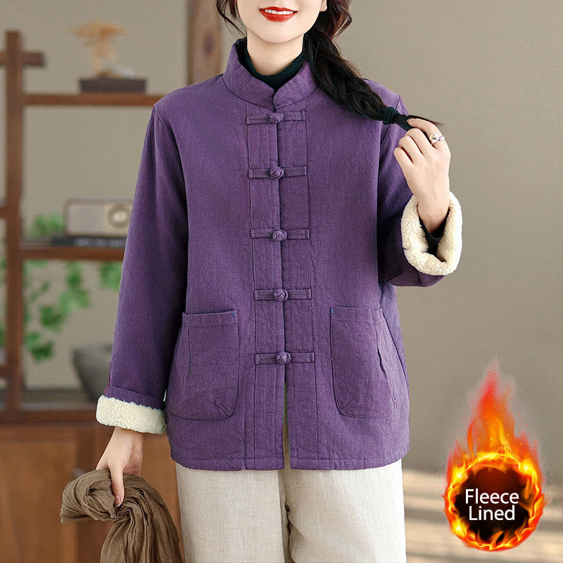 Women's Plain Cotton-padded Buttons Design Long Sleeve Thermal Jacket With Pockets