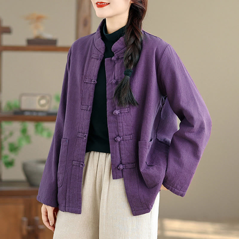 Women's Plain Cotton-padded Buttons Design Long Sleeve Thermal Jacket With Pockets