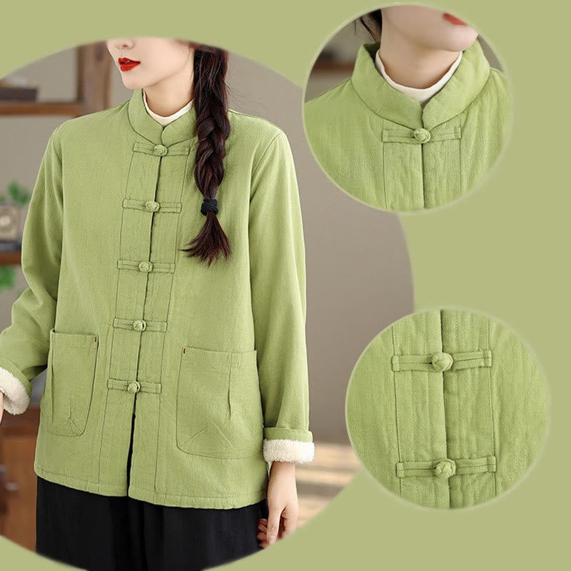 Women's Plain Cotton-padded Buttons Design Long Sleeve Thermal Jacket With Pockets