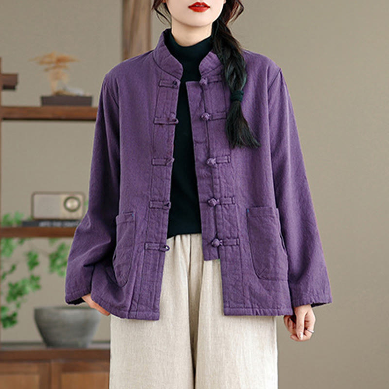 Women's Plain Cotton-padded Buttons Design Long Sleeve Thermal Jacket With Pockets