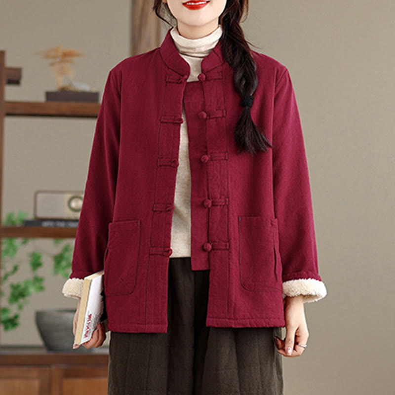 Women's Plain Cotton-padded Buttons Design Long Sleeve Thermal Jacket With Pockets
