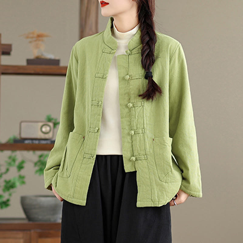 Women's Plain Cotton-padded Buttons Design Long Sleeve Thermal Jacket With Pockets