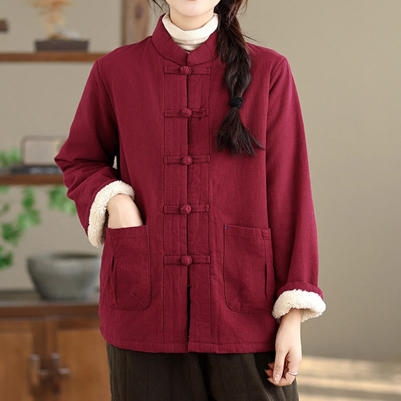 Women's Plain Cotton-padded Buttons Design Long Sleeve Thermal Jacket With Pockets
