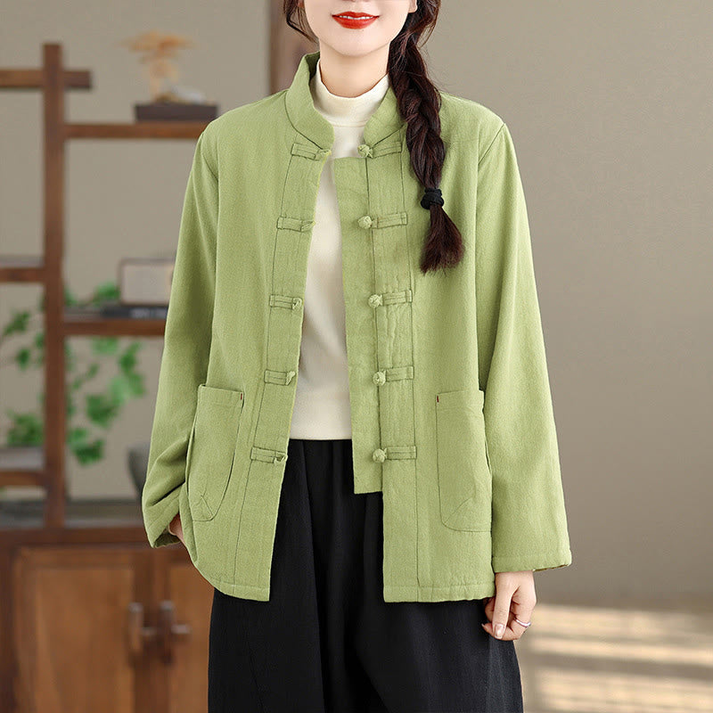 Women's Plain Cotton-padded Buttons Design Long Sleeve Thermal Jacket With Pockets