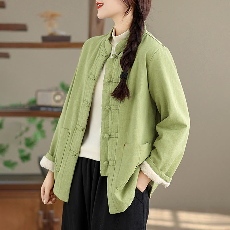 Women's Plain Cotton-padded Buttons Design Long Sleeve Thermal Jacket With Pockets