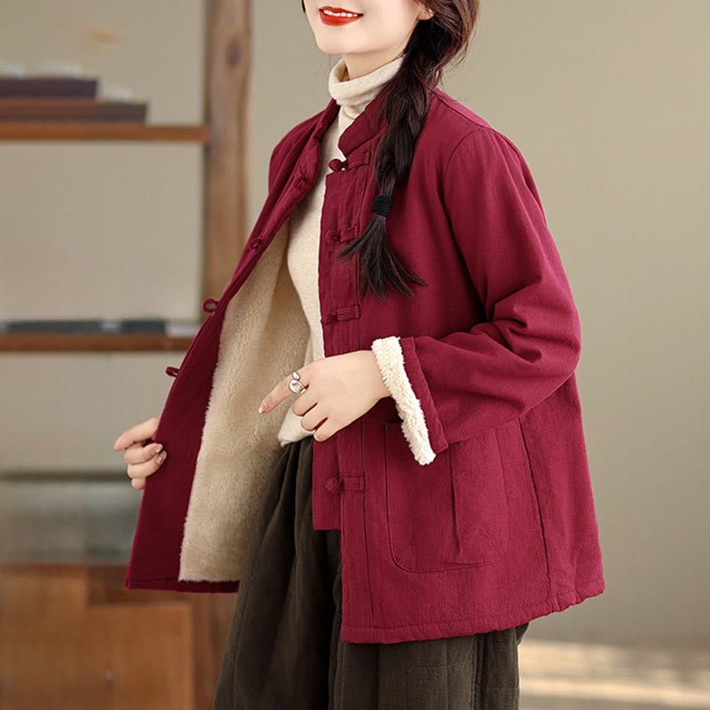 Women's Plain Cotton-padded Buttons Design Long Sleeve Thermal Jacket With Pockets