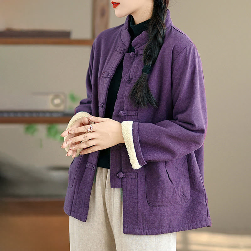 Women's Plain Cotton-padded Buttons Design Long Sleeve Thermal Jacket With Pockets