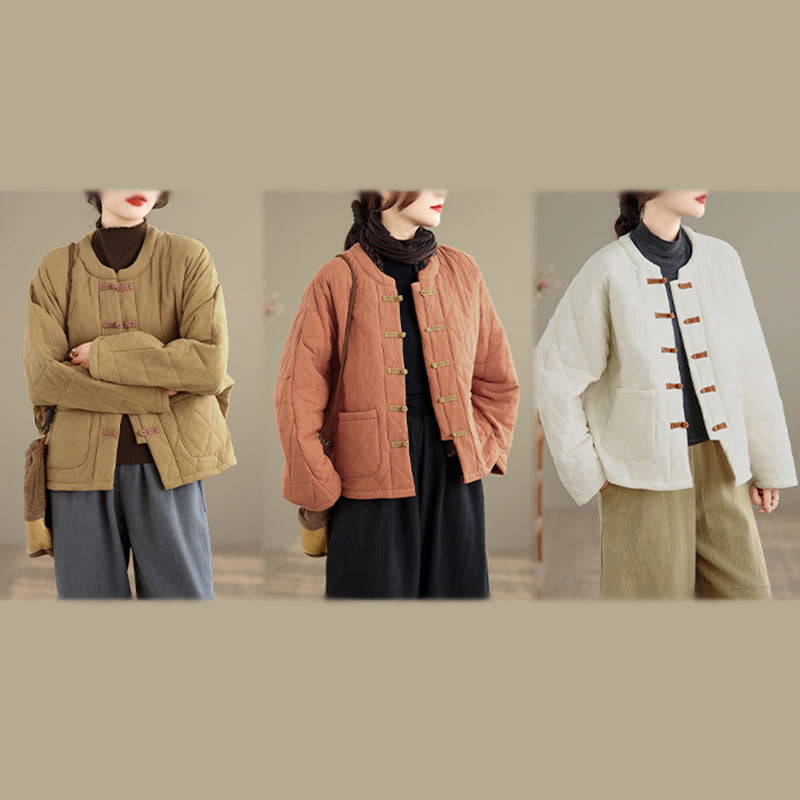 Women's Plain Cotton-padded Tai Chi Zen Long Sleeve Jacket With Pockets