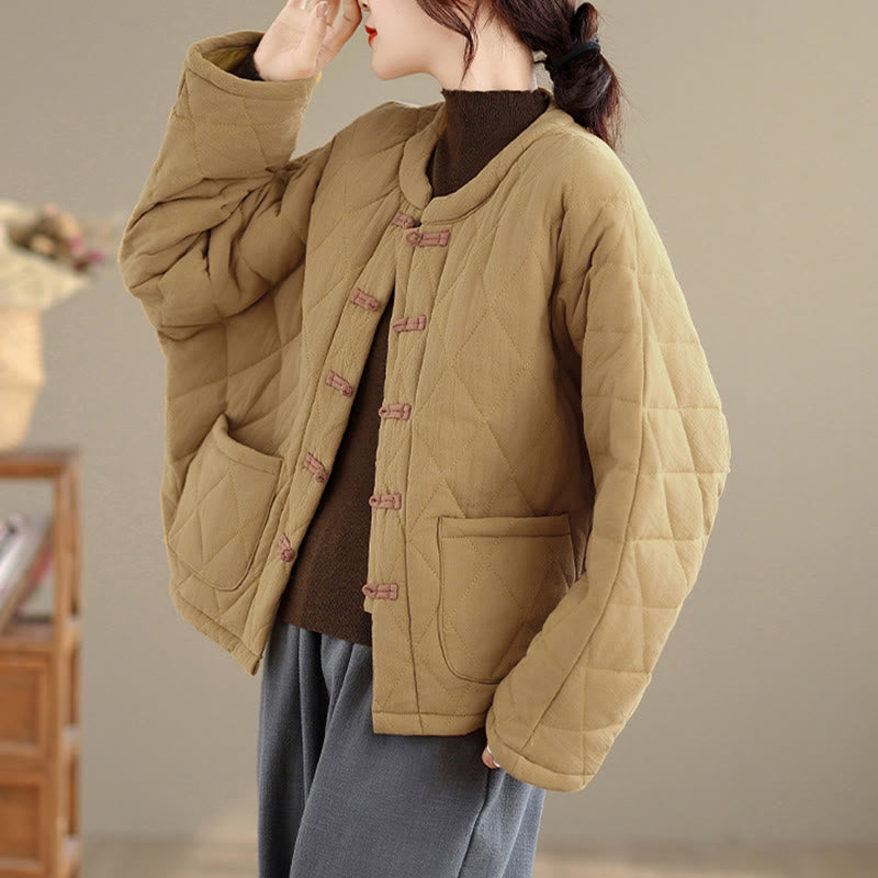 Women's Plain Cotton-padded Tai Chi Zen Long Sleeve Jacket With Pockets