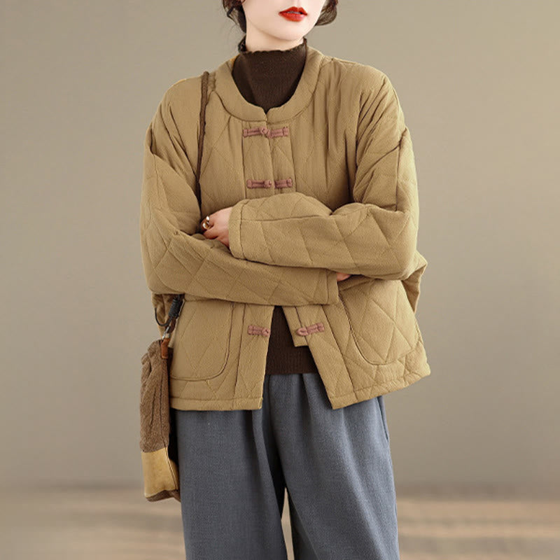 Women's Plain Cotton-padded Tai Chi Zen Long Sleeve Jacket With Pockets