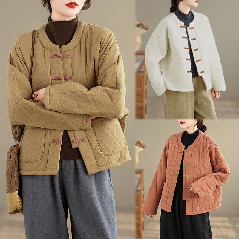 Women's Plain Cotton-padded Tai Chi Zen Long Sleeve Jacket With Pockets