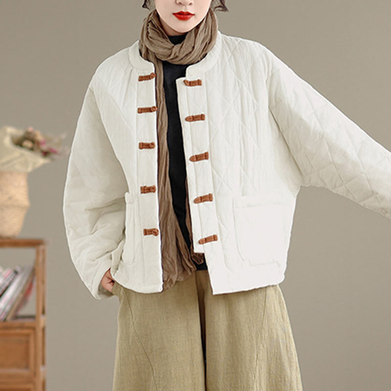 Women's Plain Cotton-padded Tai Chi Zen Long Sleeve Jacket With Pockets