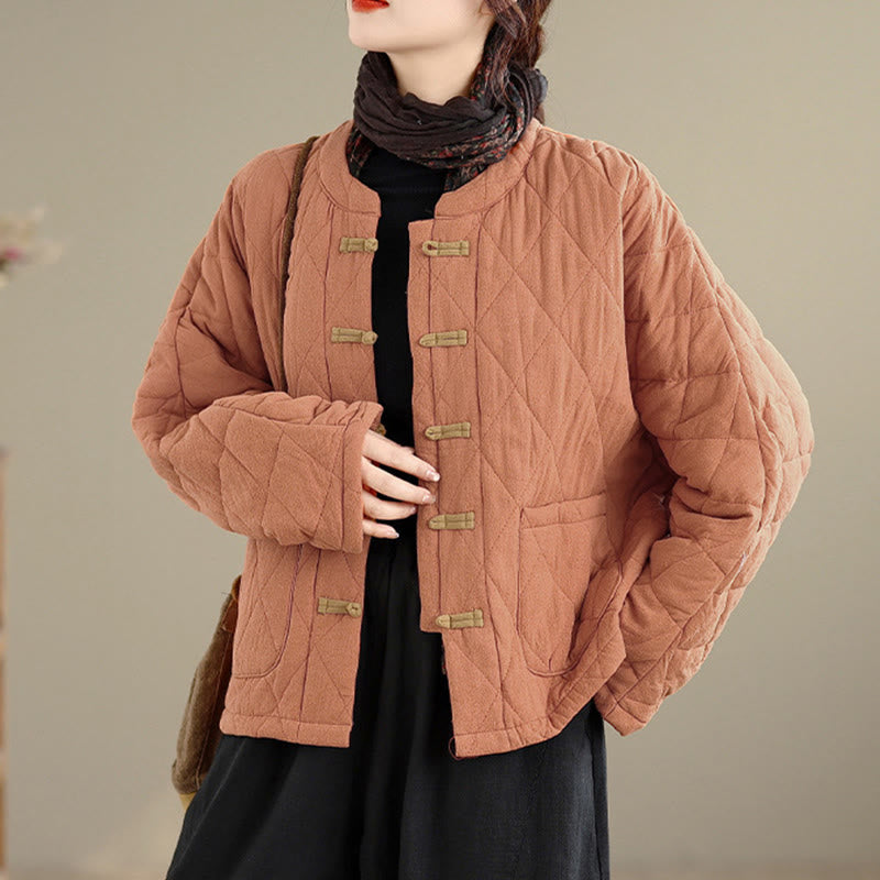 Women's Plain Cotton-padded Tai Chi Zen Long Sleeve Jacket With Pockets