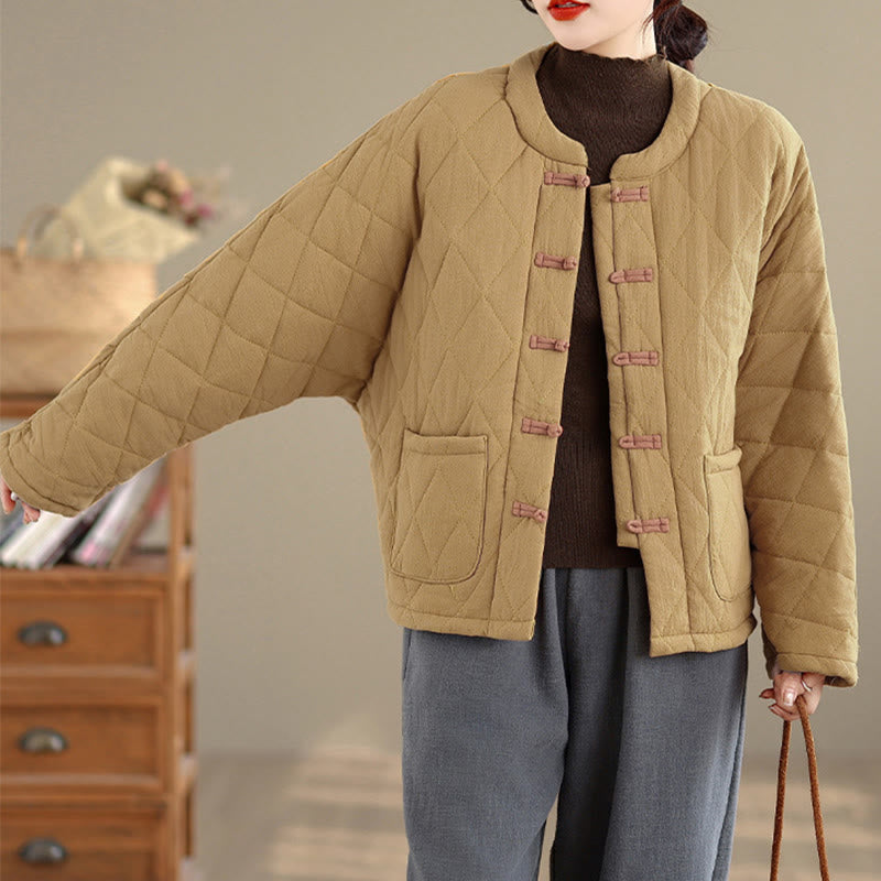 Women's Plain Cotton-padded Tai Chi Zen Long Sleeve Jacket With Pockets