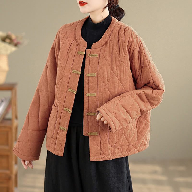 Women's Plain Cotton-padded Tai Chi Zen Long Sleeve Jacket With Pockets